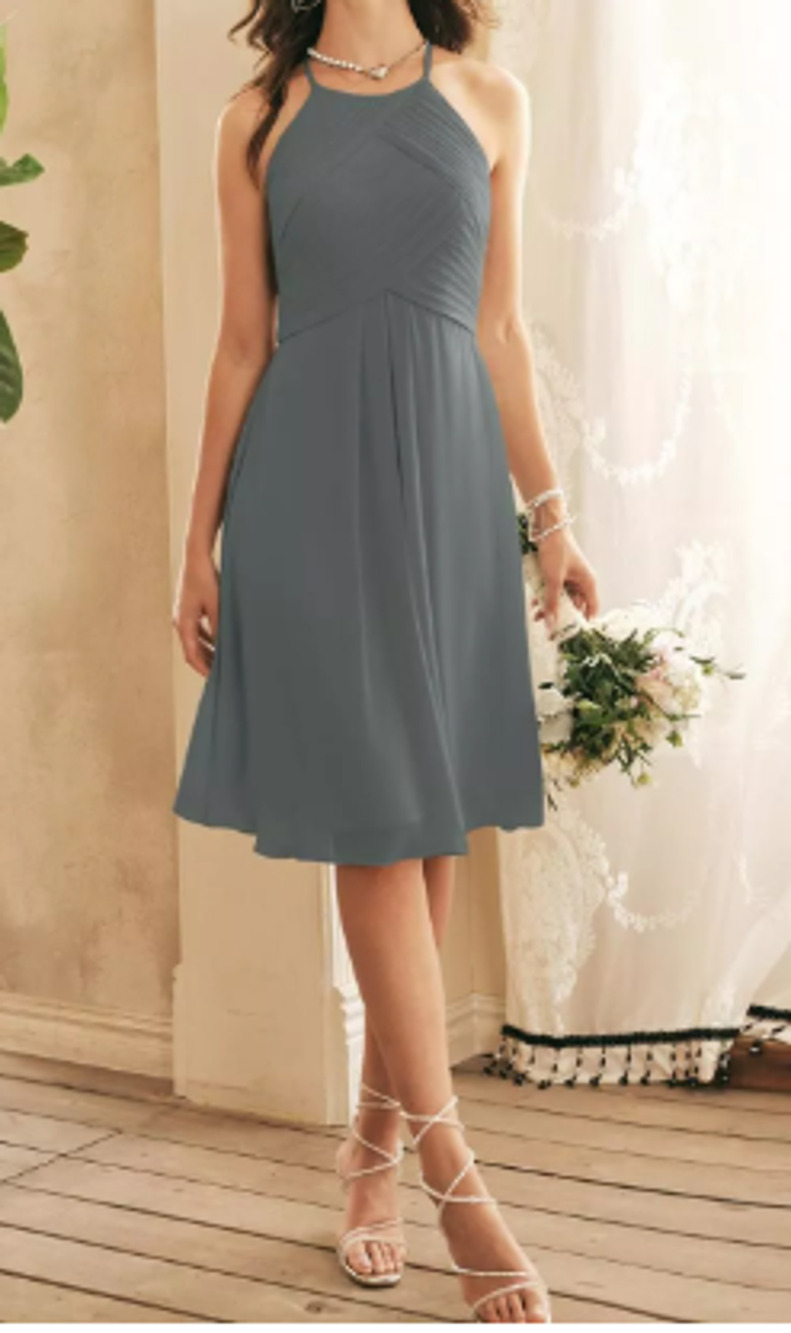 AW BRIDAL 6 S Steel Gray chiffon Becky halter formal knee length dress NEW B33